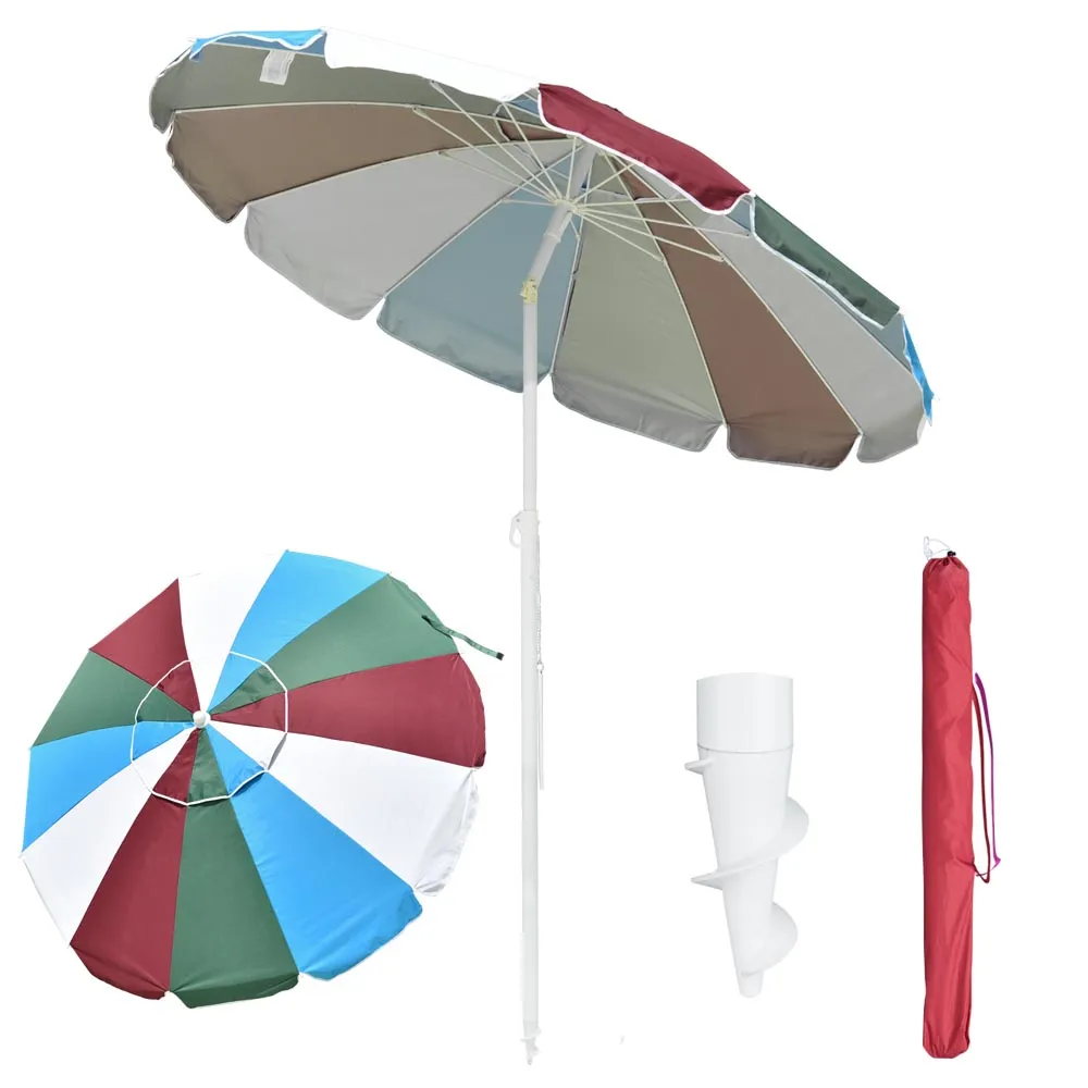 Beach Umbrella w/ Sand Anchor Rainbow 6ft Tilt