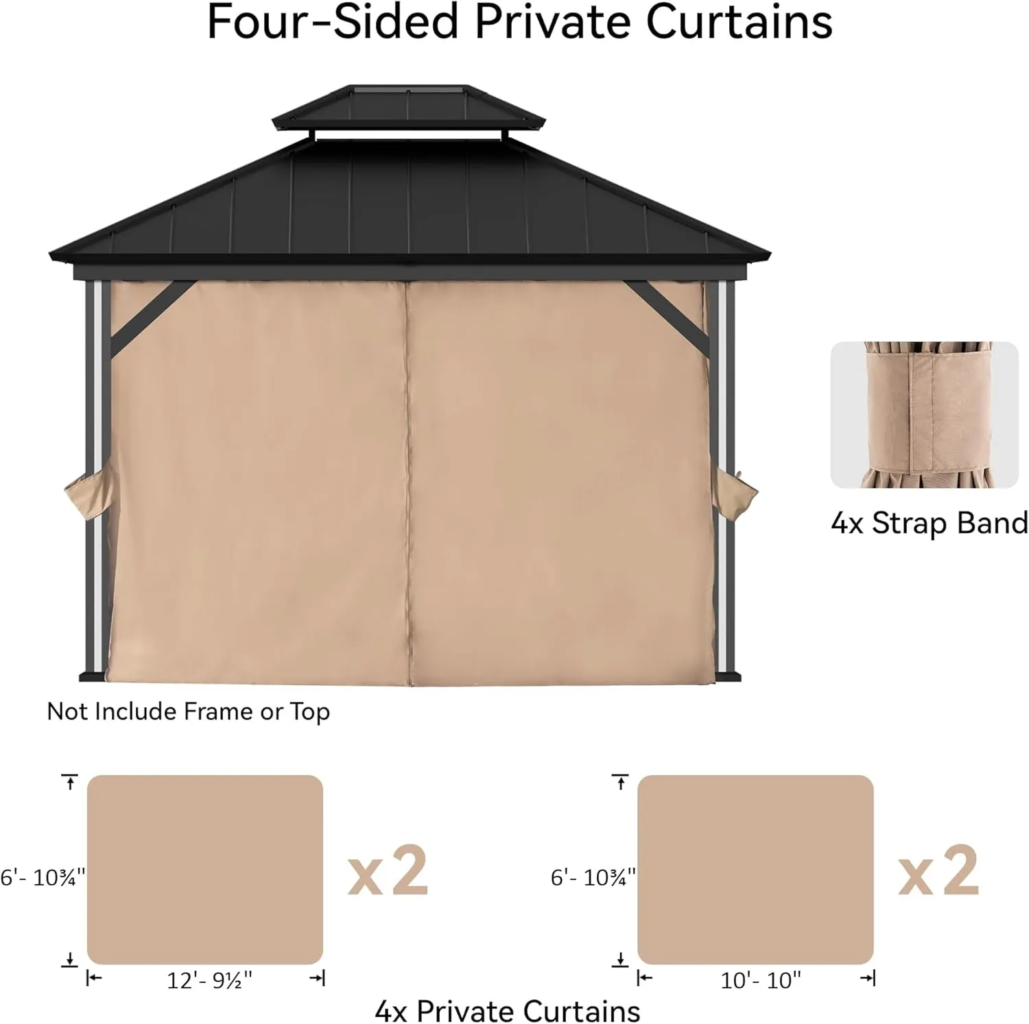 Gazebo Curtain Replacement Universal 4-Panel Sidewalls 11' X 13', Outdoor Gazebo Privacy Curtains with Zipper, Replacement for Outdoor, Patio Canopy, Garden and Backyard (Curtain Only)