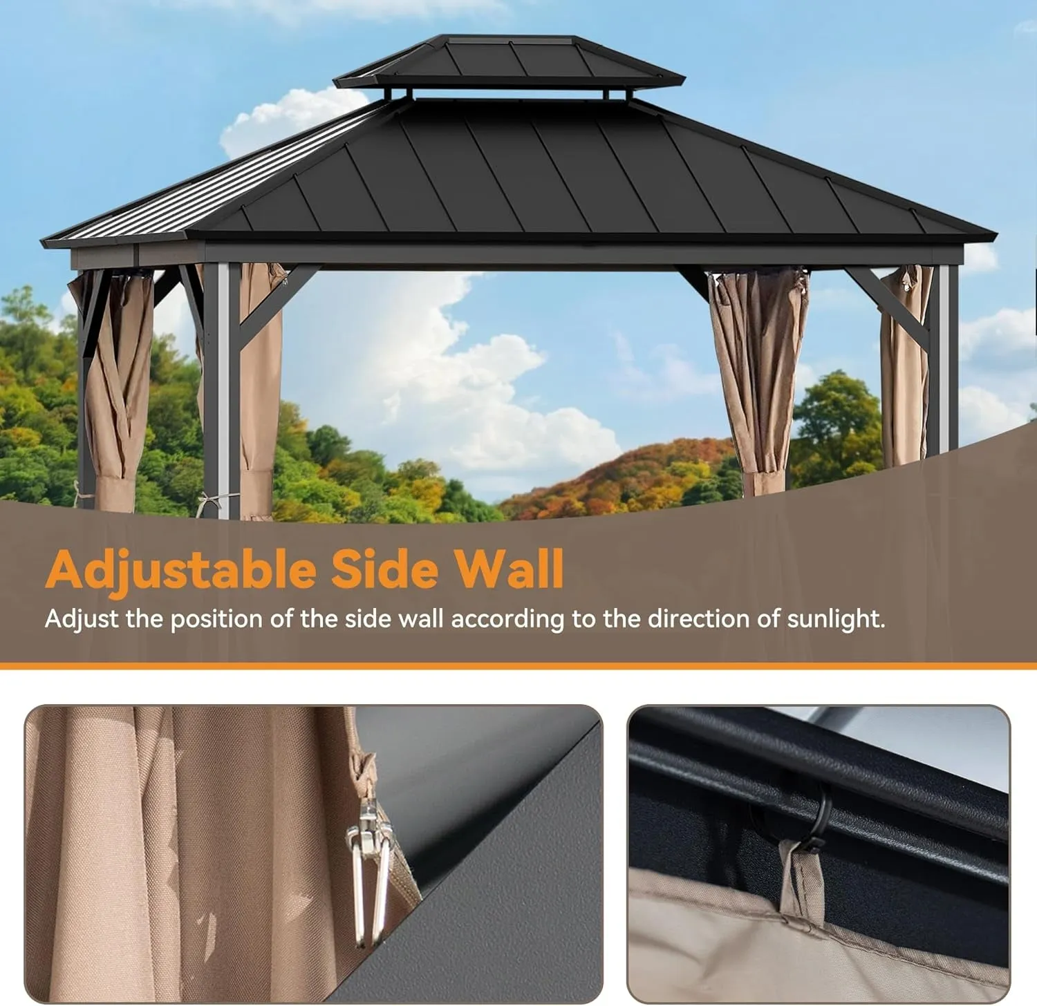 Gazebo Curtain Replacement Universal 4-Panel Sidewalls 11' X 13', Outdoor Gazebo Privacy Curtains with Zipper, Replacement for Outdoor, Patio Canopy, Garden and Backyard (Curtain Only)