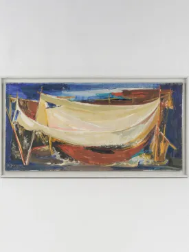 Large modern painting w/ sailboats - Guy Jeanjean 1960s - 22½" x 42¼"