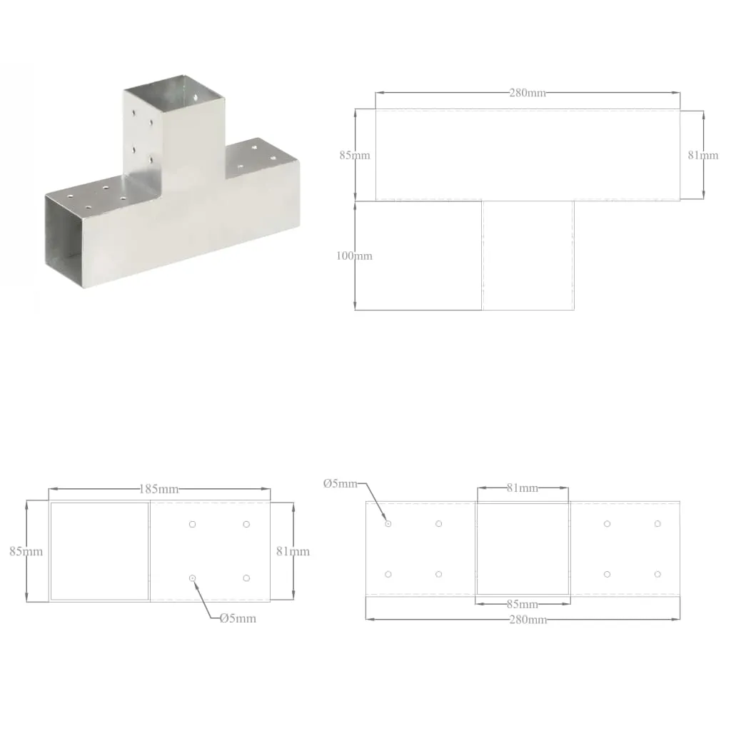 Post Connectors 4 pcs T Shape Galvanised Metal 81x81 mm