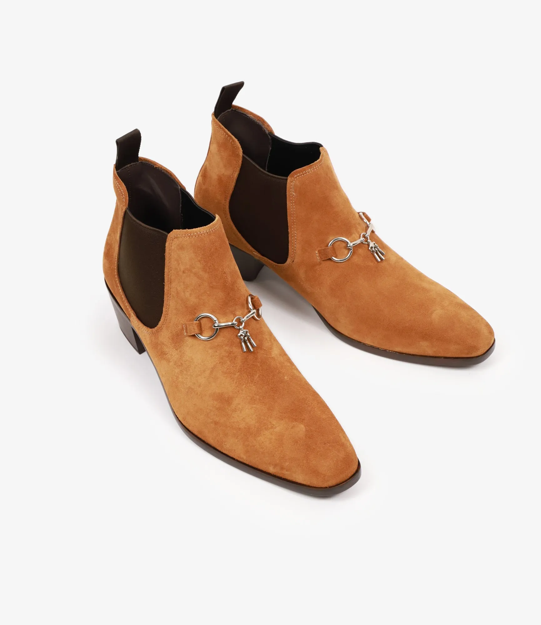 Tassel Bit Heeled Chelsea Boot – Brown Suede