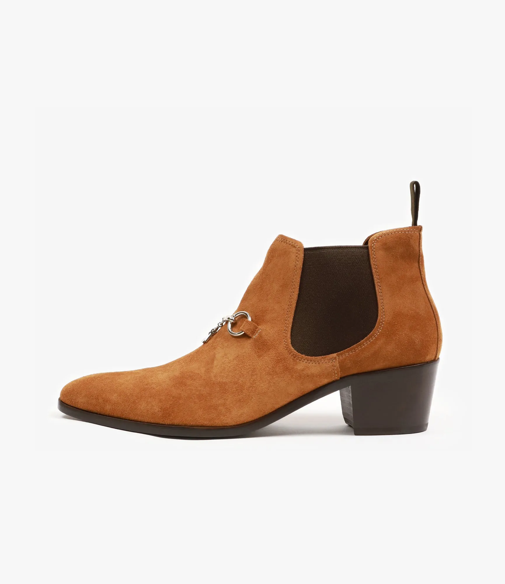 Tassel Bit Heeled Chelsea Boot – Brown Suede