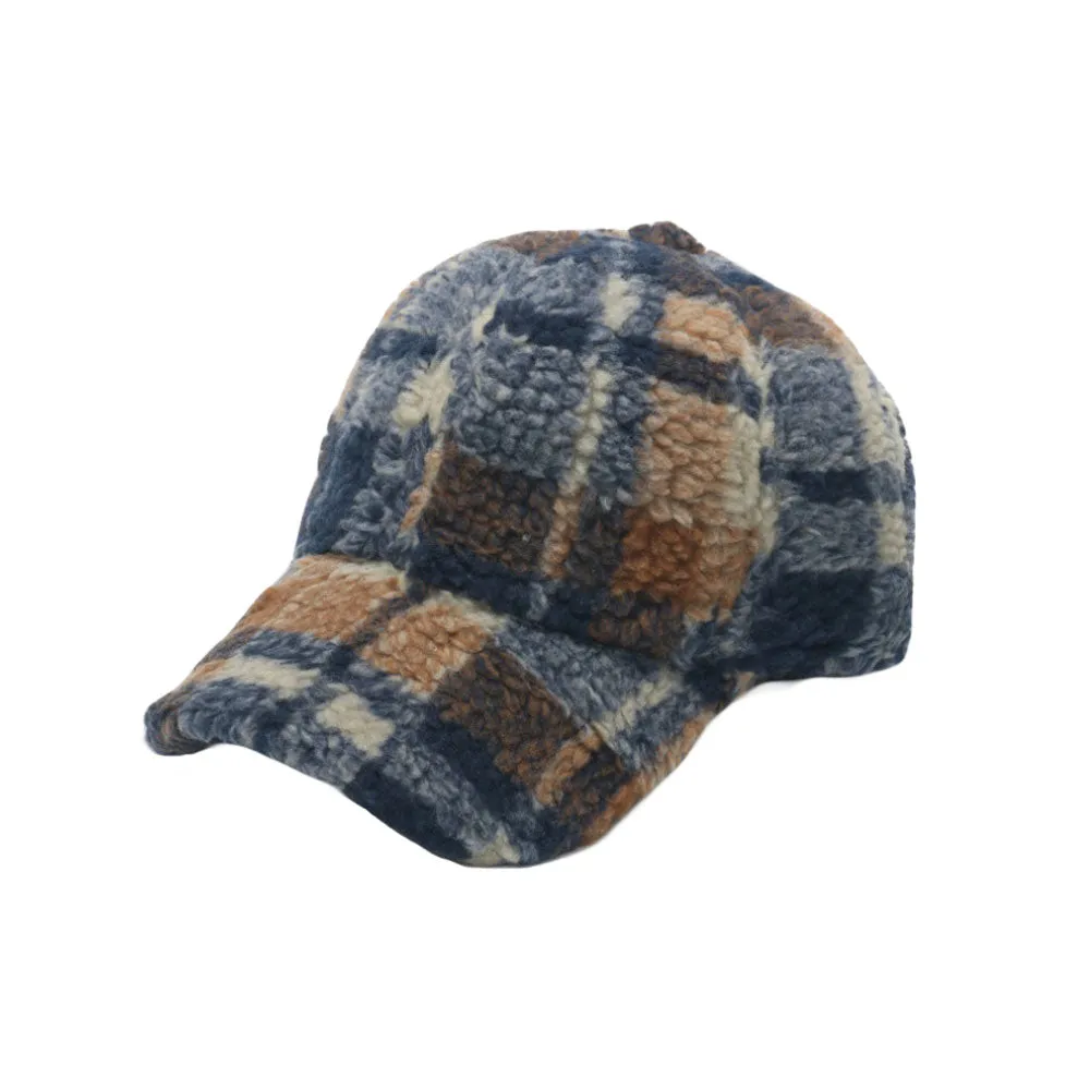 Winter Warm Check Baseball Cap Faux Lamb Wool Teddy Fleece Adjustable Outdoor Cap YZ10223